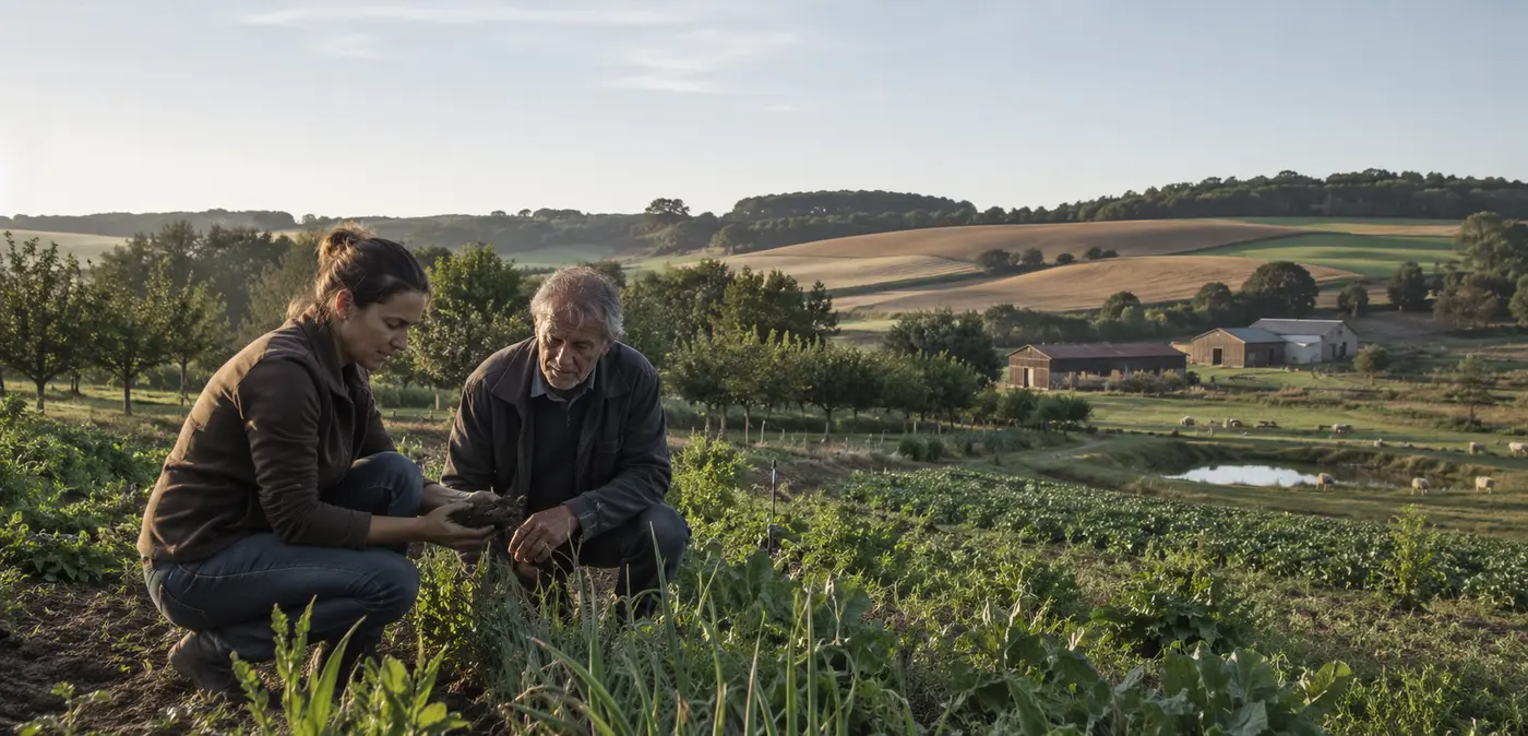 Agriculteurs français observant les sols et les cultures d’une exploitation diversifiée
