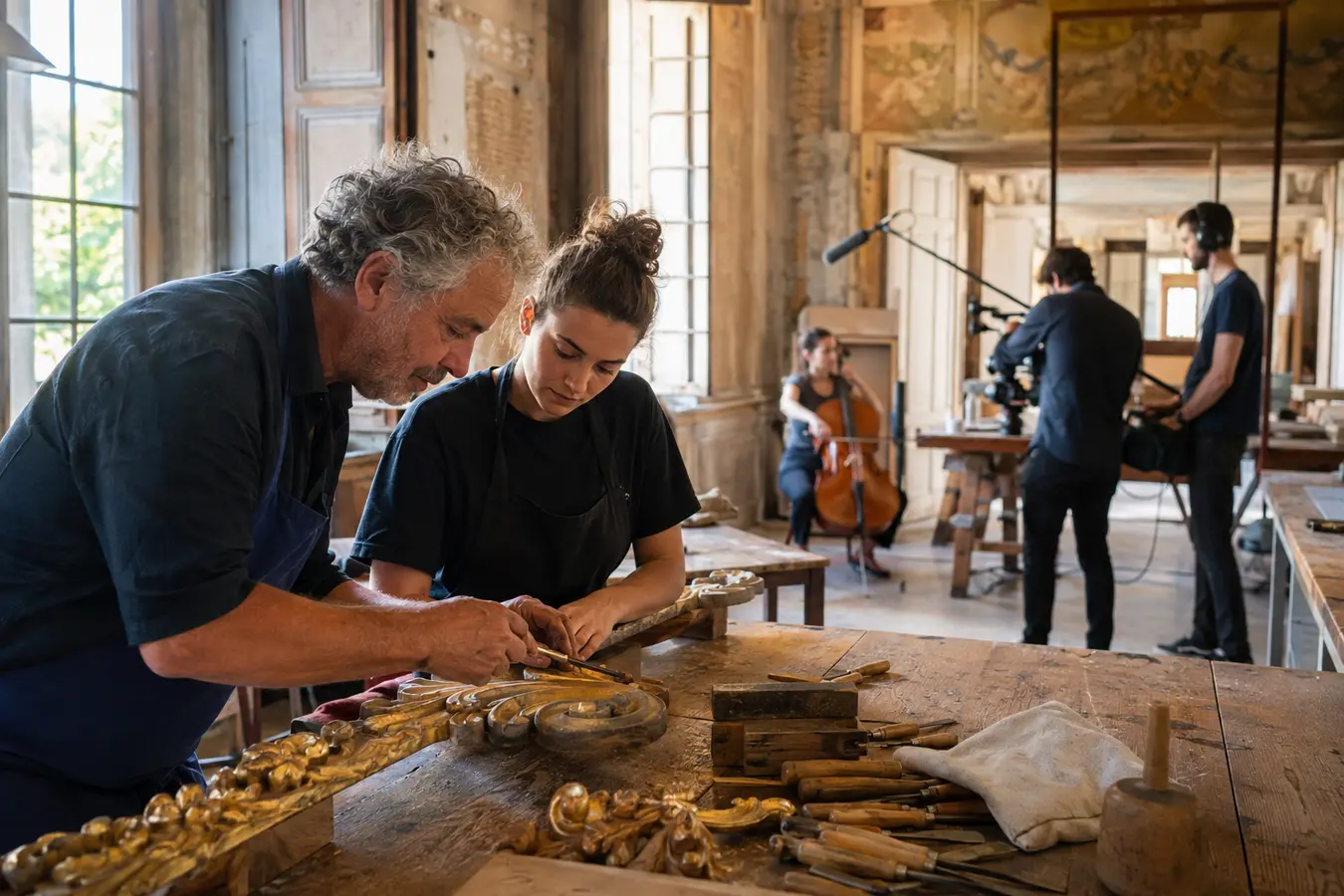 Artisans et artistes transmettant leurs savoir-faire dans un atelier