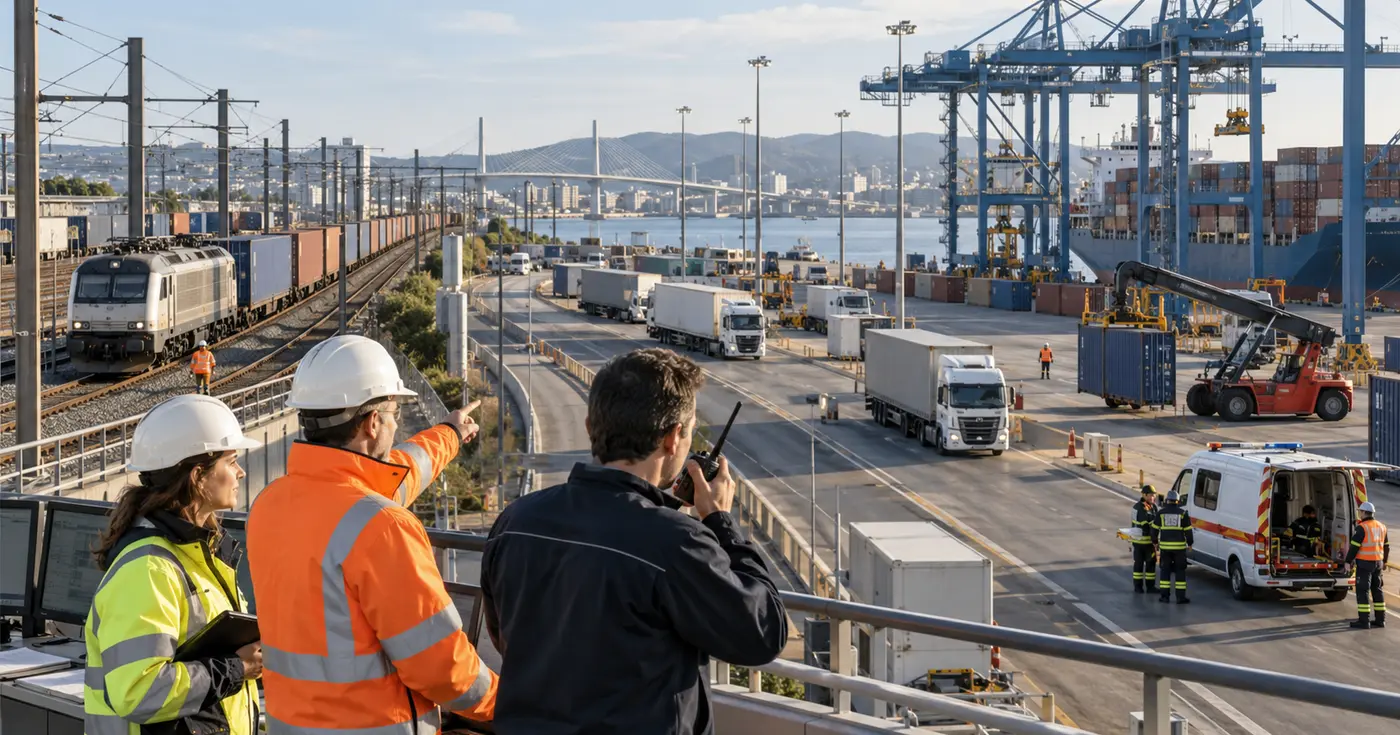 Professionnels coordonnant un port, le rail et les flux logistiques