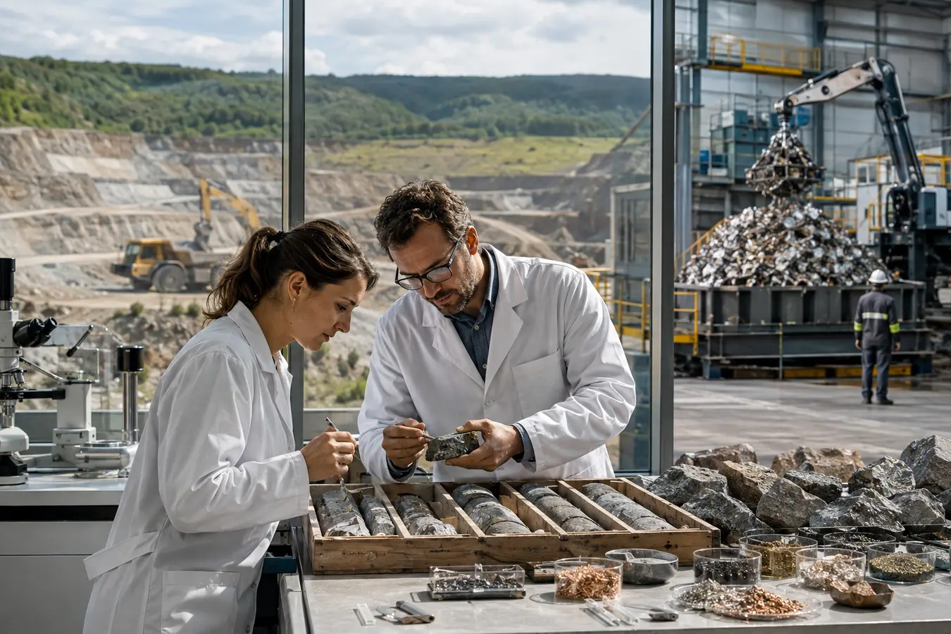 Scientifiques étudiant des ressources minérales et des matériaux stratégiques